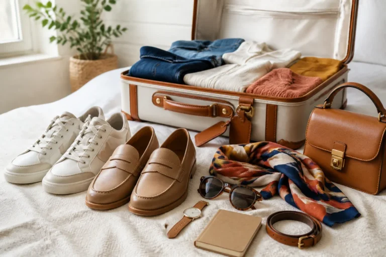 Tenues capsule pour voyager léger avec chaussures polyvalentes, accessoires élégants et valise ouverte dans une chambre lumineuse