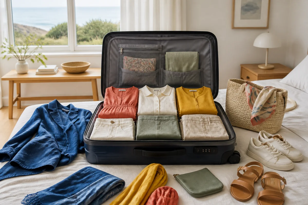 Valise ouverte présentant des tenues capsule pour voyager léger, colorées et coordonnées, avec vêtements polyvalents et accessoires soigneusement pliés.