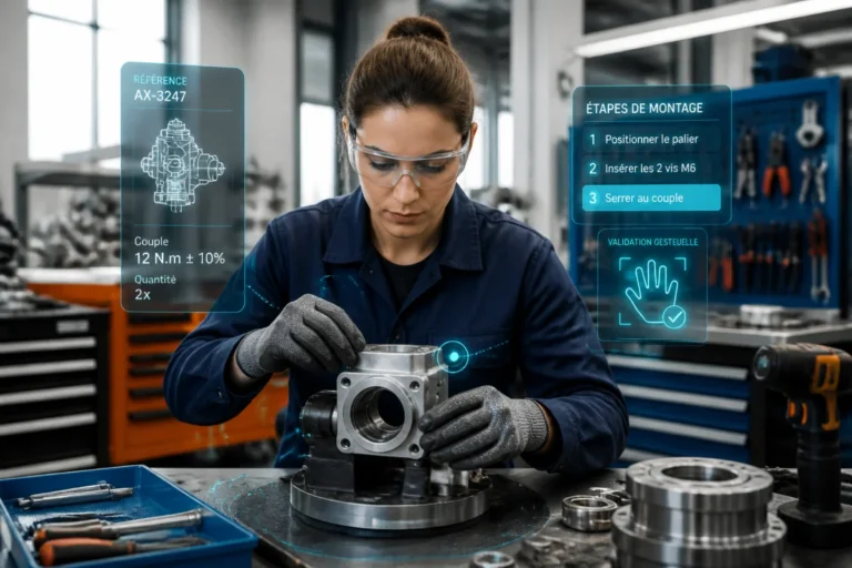 Technicienne assemblant une pièce industrielle avec des instructions holographiques de réalité augmentée sans contactҭеи